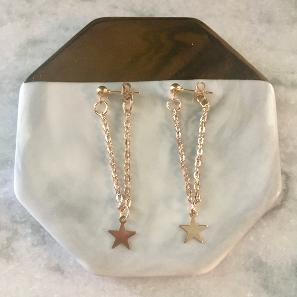Star Chain Drop Hoop Gold Ear Jacket Earrings - Picture 4 of 7